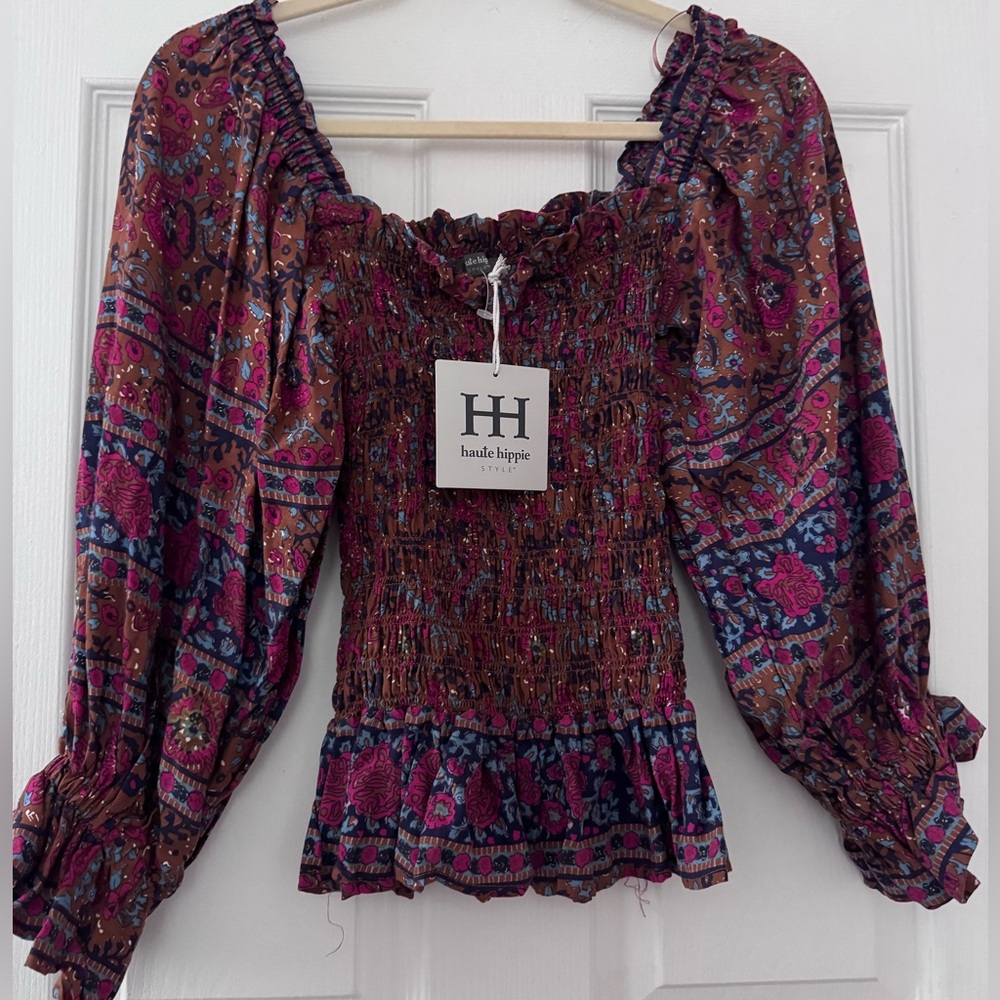 Haute Hippie Multicolor Floral Smocked Peasant Blouse